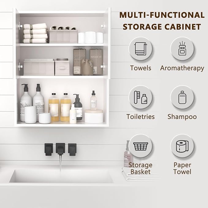 Fluted Bathroom Wall Cabinet Over The Toilet Storage,Wall Mounted Cabinet with Adjustable Shelf,Floating and Hanging Organizer,Kitchen and Laundry Room Storage (White-2 Pcs)