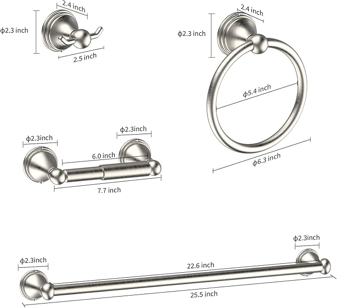 Newfun 8-Pieces Brushed Nickel Bathroom Accessories Set Towel Racks for Bathroom - Bathroom Hardware Set,2 * 24 Inch Towel Bar for Bathroom 2*Toilet Paper Holder 2* Towel Ring Towel Holders 2* Hook