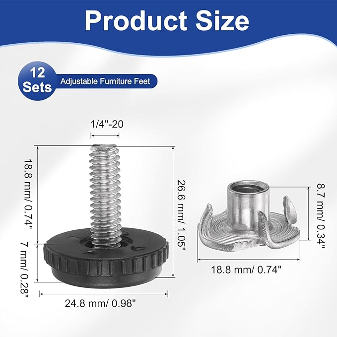 uxcell 1/4"-20 Thread Furniture Feet Levelers, 12Set 18.8mm L Adjustable Furniture Feet Screw in Threaded Leveling Leg Screw on Chair Foot Glides Leveling for Table Chair Cabinet Black