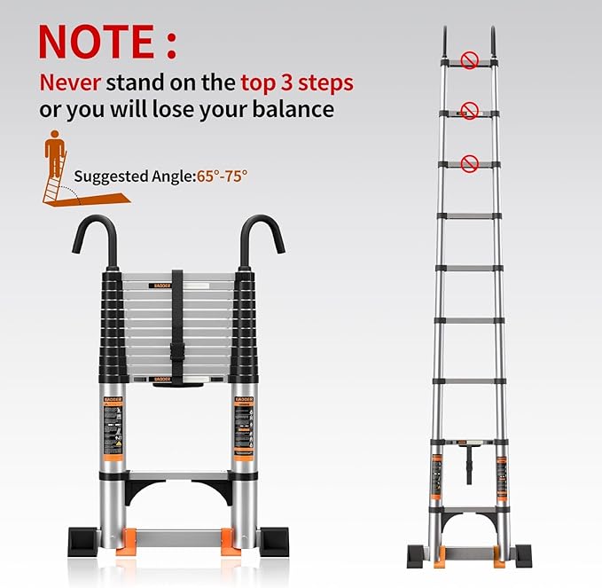 Telescoping Ladder,with Stable Hook and stabilizer barand,Extension Ladder, Heavy Duty 330lbs Max Capacity, Multi-Purpose Collapsible Ladder for RV or Outdoor Work (Aluminum, 8.5FT/2.6M(A-Button))