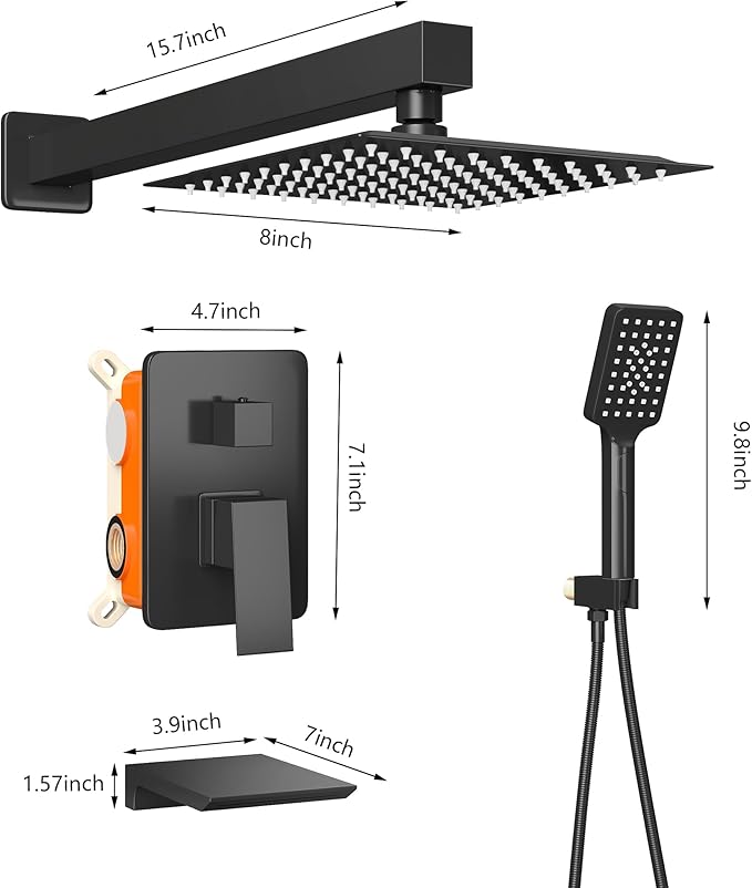 Shower Faucet Set Complete Matte Black Shower System with 8 inch Square Rainfall Shower Head 3-Function Handheld Shower Waterfall Bathtub Spout Rain Shower Combo Set Bathroom Wall Mounted