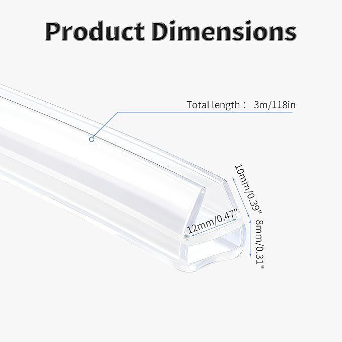 Shower Door Side Seal Strip,118 Inch U-Type Frameless Shower Door Seal, U-Type Shower Door Sweep for 15/32"(12mm) Thick Glass