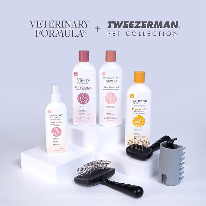 Puppy Love Gentle Bath & Grooming Set by Veterinary Formula & Tweezerman – Tearless Puppy Shampoo with 2-in-1 Bath Brush & Large Slicker Brush – Complete Bath Kit for Medium & Large Dogs & Puppies