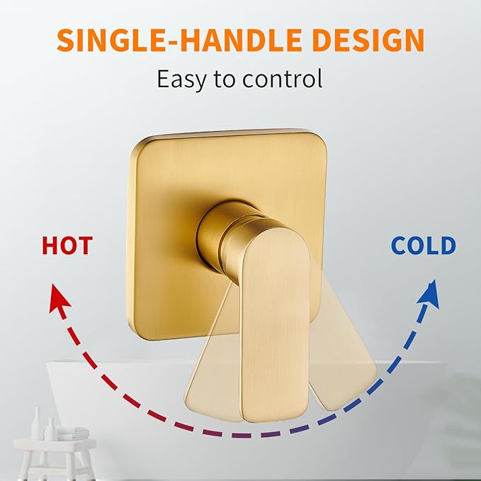 Brushed Gold Shower Faucet Single Function Trim Kit with Rough-in Valve Set Bath Rainfall Shower System 8inch Square Stainless Steel Metal Shower Head