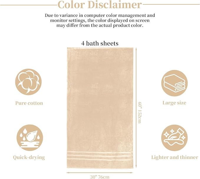 Cotton Bath Towel – Large 30x60 Inches, Soft, Thick & Absorbent Towel for Bathroom, Spa, or Home Use (Beige, 4 Pack – 30"x60")