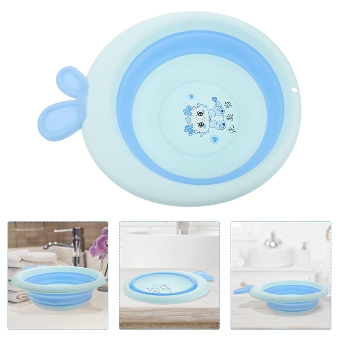 Collapsible Wash Basin and Portable Sink Tub for Newborns, Cartoon Blue, Lightweight Plastic Foldable Washbasin for Travel and Home Bathing