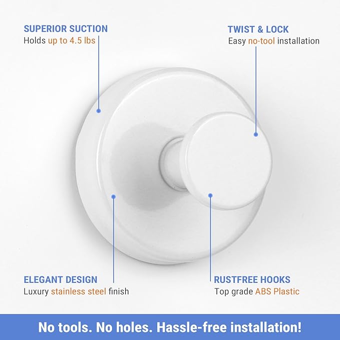 Suction Cup Hooks for Shower, Bathroom Hooks for Towels Stainless Steel Wall Hook for Hanging up to 6.5 lbs for Kitchen, Glass, Mirror(2PCS White)