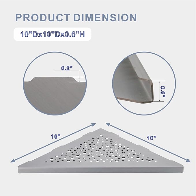 10" Brushed Nickel Corner Shower Shelf, No Drill 304 Stainless Steel Recessed Shower Shelves Grout in Corner Tile Bathroom Shelves for Tiled Wall,2 Pack