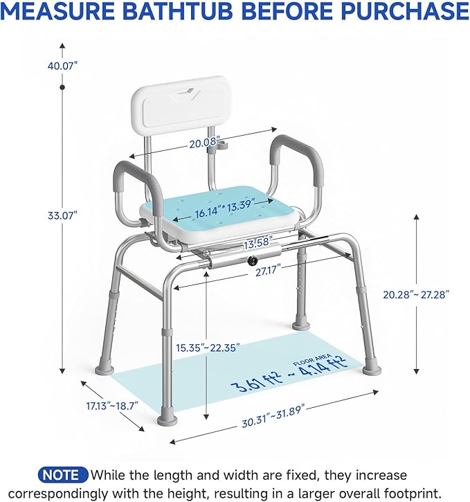 Sliding Shower Chair with Swivel Seat, Tub Transfer Bench for Elderly & Disabled, Adjustable Shower Chair with Arms & 350lb Capacity
