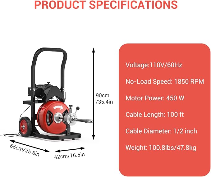 Electric Drain Cleaning Machine 100Ft 1/2 Inch, 450W Auto Feed Portable Sewer Snake, Drain Auger with 6 Cutter and Air-Activated Foot Switch for 2"–4" Pipes