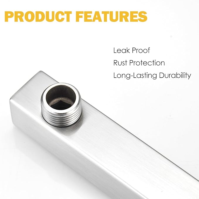 BESy 16 Inches Straight Extended Shower Arm With Flange, Rain Shower Head Extension Arms, Square Shower Rod Shower Head Extender Arm Shower Pipe Extension, Wall-Mounted Brushed Nickel Stainless Steel
