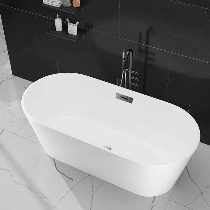 59" Free Standing Tub, Acrylic Soaking Bathtub, Stand Alone Freestanding Tub with Matte Sliver Drain and Overflow, Contemporary Bathtub for Bathroom, Black