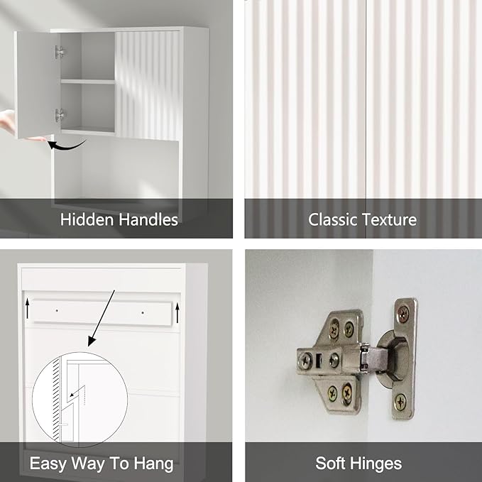 Fluted Bathroom Wall Cabinet Over The Toilet Storage,Wall Mounted Cabinet with Adjustable Shelf,Floating and Hanging Organizer,Kitchen and Laundry Room Storage (White-2 Pcs)