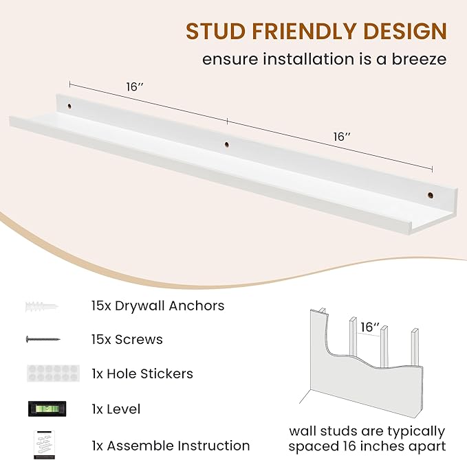 Axeman Picture Ledge Shelf, Floating Shelves for Wall Decor Storage Set of 6, 36 inch Floating Wall Mounted Shelves, Shelves with Lip for Living Room, Bedroom, Nursery, Bathroom, Kitchen, White
