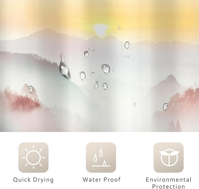 Riyidecor Misty Mountain Shower Curtain 72Wx72H Inch Red Sunrise Nature Scenery Foggy Pine Tree Scenic Forest Woodland Modern Natural Landscape Bathroom Decor Fabric Polyester Waterproof 12 Pack Hooks