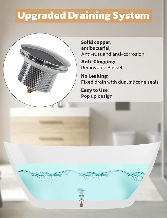 Acrylic Bathtub 55 Inch, Freestanding Deep Soaking Bath Tub with Brushed Overflow and Drain, Contemporary Gloss White Freestanding Bathtub