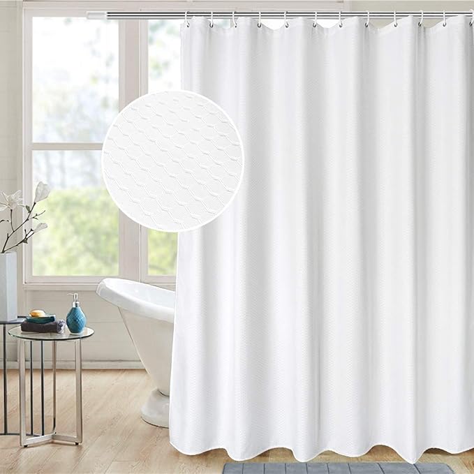AooHome White Waffle Weave Shower Curtain, 75 Inch Long Heavy Duty Fabric Bath Curtain with Hooks, Weighted Hem, Water Repellent, 72x75 Inch