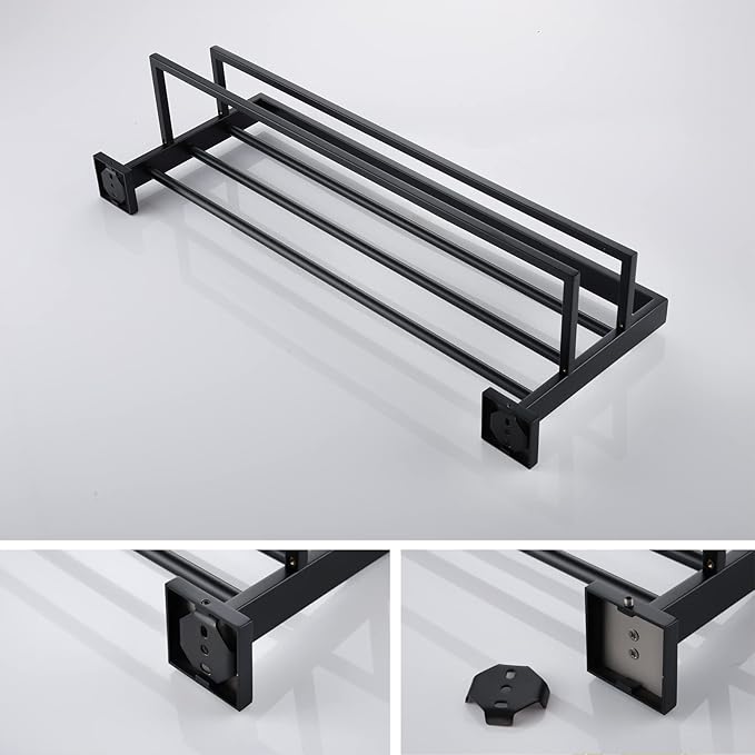 KOKOSIRI Matte Black Towel Rack 24'' Bathroom Towel Shelf with Double Towel Bars SUS304 Stainless Steel Wall Mounted, B6003BK