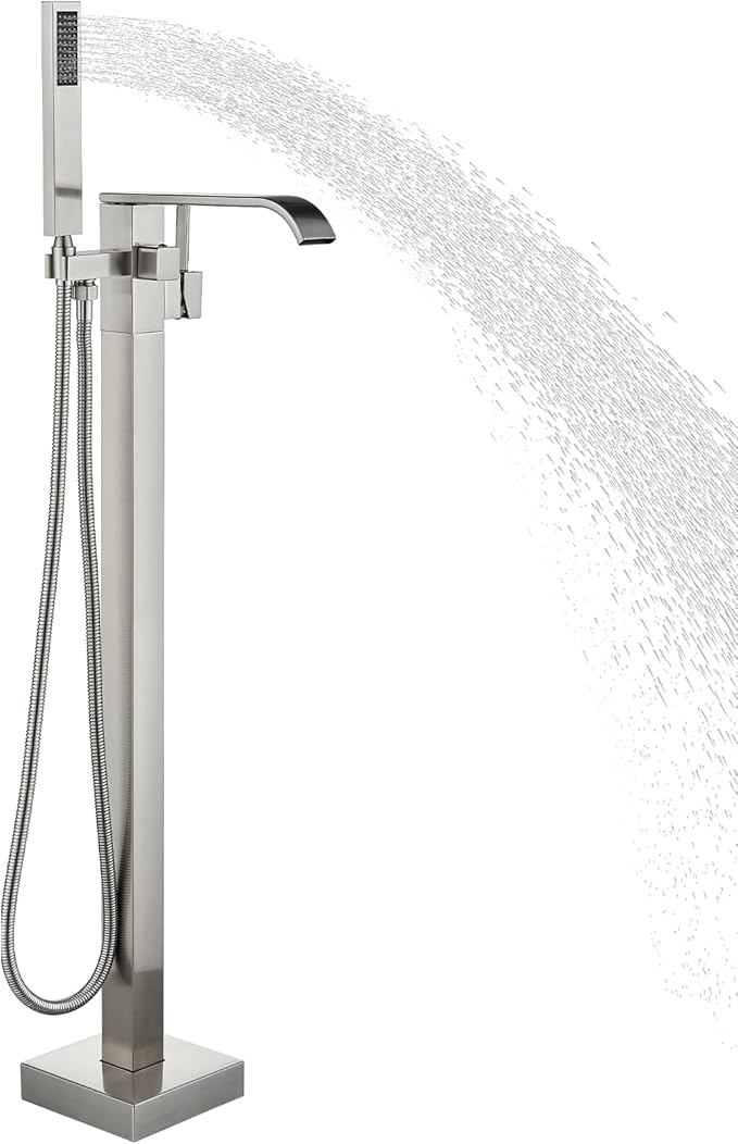 Freestanding Bathtub Faucet Brushed Nickel Tub Filler Floor Mount Single Handle Brass Tap with Handheld Shower and Swivel Mixer Spout