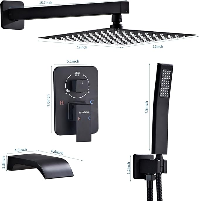 Shower Faucet Set, Black shower system with Square Rainfall Shower head, Handheld Wall Mounted Showerhead and Waterfall Tub Spout, 12 Inch, Metal Shower Faucet Trim Repair Kits