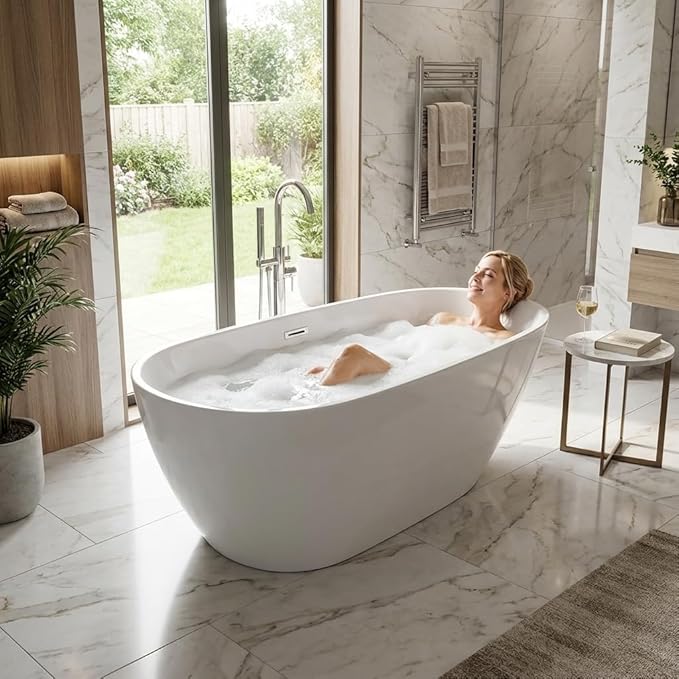 67 Inch Acrylic Freestanding Bathtub, Acrylic Soaking Bathtub with Matte Drain and Overflow, Modern Square Tub, cUPC Certified, Deep Ergonomic Design, Double-Walled Insulation, Easy Installation