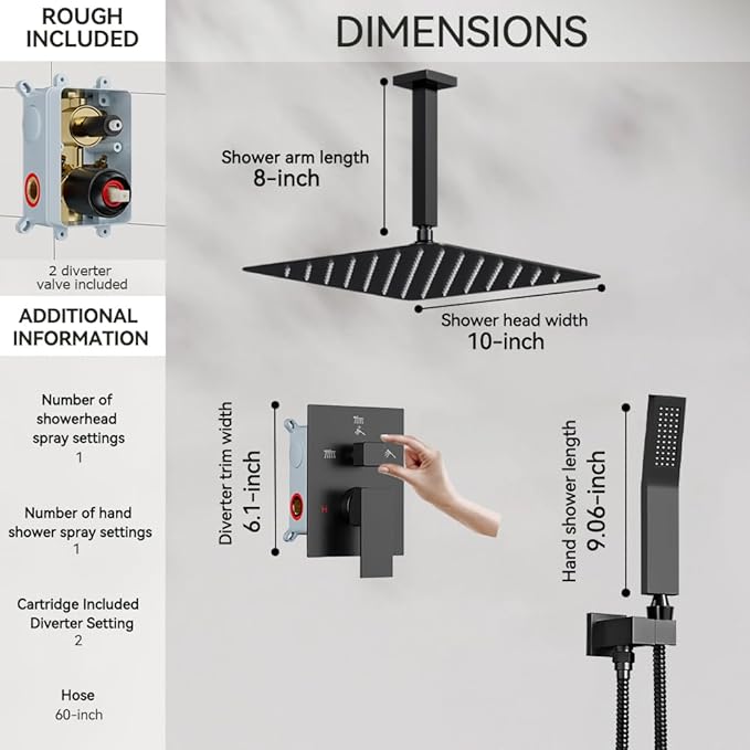 Shower Faucet Set Matte Black Shower System, Starbath 10" Rain Shower Head and Handheld Spray Shower Set Complete Ceiling Mounted,2 Way Pressure Balance Shower Valve and Trim Kit Included