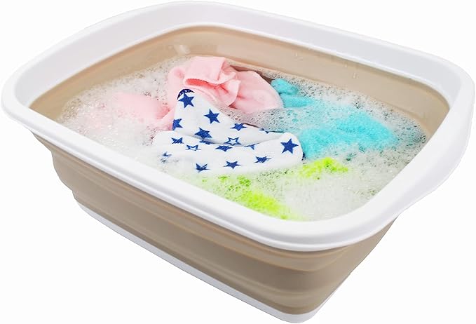 SAMMART 10L (2.6 Gallons) Collapsible Tub - Foldable Dish Tub - Portable Washing Basin - Space Saving Plastic Washtub (White/Latte, 1)
