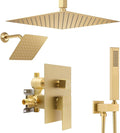 Shower System Dual Shower Heads with 12" Ceiling Mounted Rain Shower Head & 6" Wall Mounted Head Full Body Luxury Rain Shower System 3 Way Pressure Balance Valve Kit, Brushed Gold