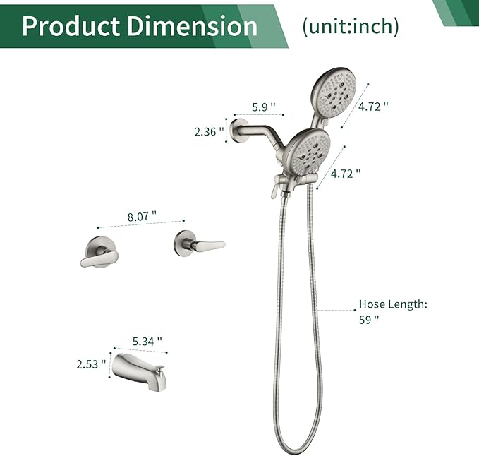 2 Handles Tub Shower Faucet Set Shower System with Tub Spout Bathtub Faucet Set Shower Tub Combo Set Complete Tub and Shower Trim Kit Brushed Nickel