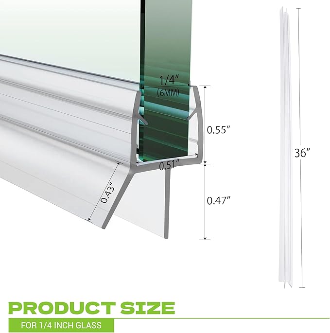 Shower Door Bottom Seal, 2-Pack PVC Strips with Sweep 36" Long, for 1/4"(6mm) Thick Framless Glass Door, to Stop Water Leakage