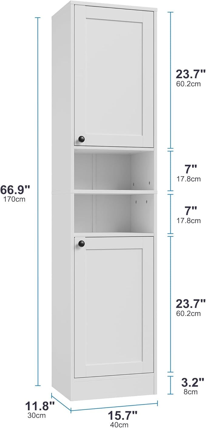 67" Tall Bathroom Cabinet with 2 Doors, Narrow Freestanding Floor Cabinet, Slim Storage Unit with Adjustable Shelves for Bathroom, Living Room, Entryway, Kitchen, White