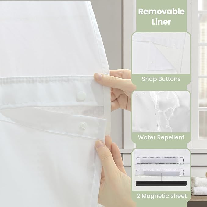 Inhousolu Stall No Hook Shower Curtain with Snap in Fabric Liner Set Waffle Weave 230GSM Weighted Hem, Waterproof & Washable Bathroom Curtain Spa Luxury with Mesh Top Window 60" W x 72" L White