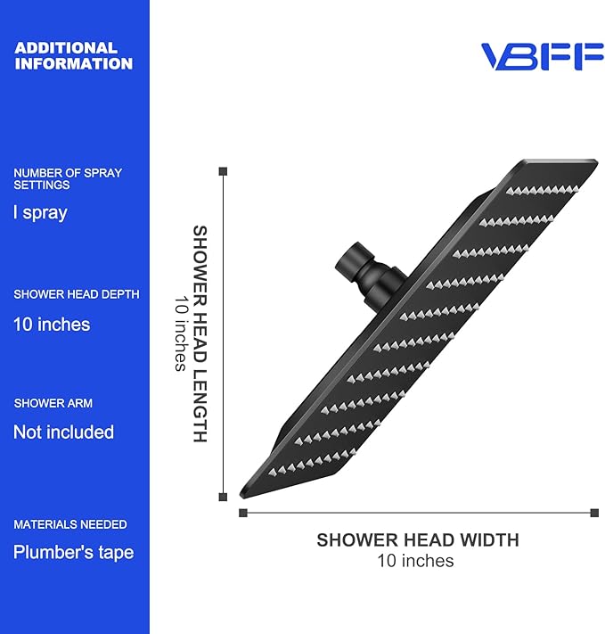 VBFF-Shower Head,rain shower head, 10 inch- Square Shower Head, 1.8 GPM Flow Rate, rainfall showerhead VBFF08(Matte Black)