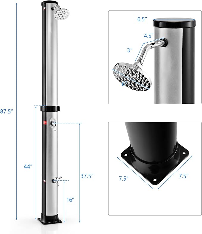 Giantex 7.2 FT 10 Gallon 2-Section Solar-Heated Outdoor Shower, Pool Shower W/Free-Rotating Shower Head, Foot Tap Spigot, Faucet, Temperature and Pressure Adjustment for Backyard, Garden, Beach Spa