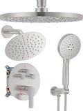 Shower System with Pressure Balance Valve, 10" Ceiling Mount Shower Faucet Set with 2 Rain Head and Multi-function Handheld Push Button Diverter Valve Kit,Brushed Nickel