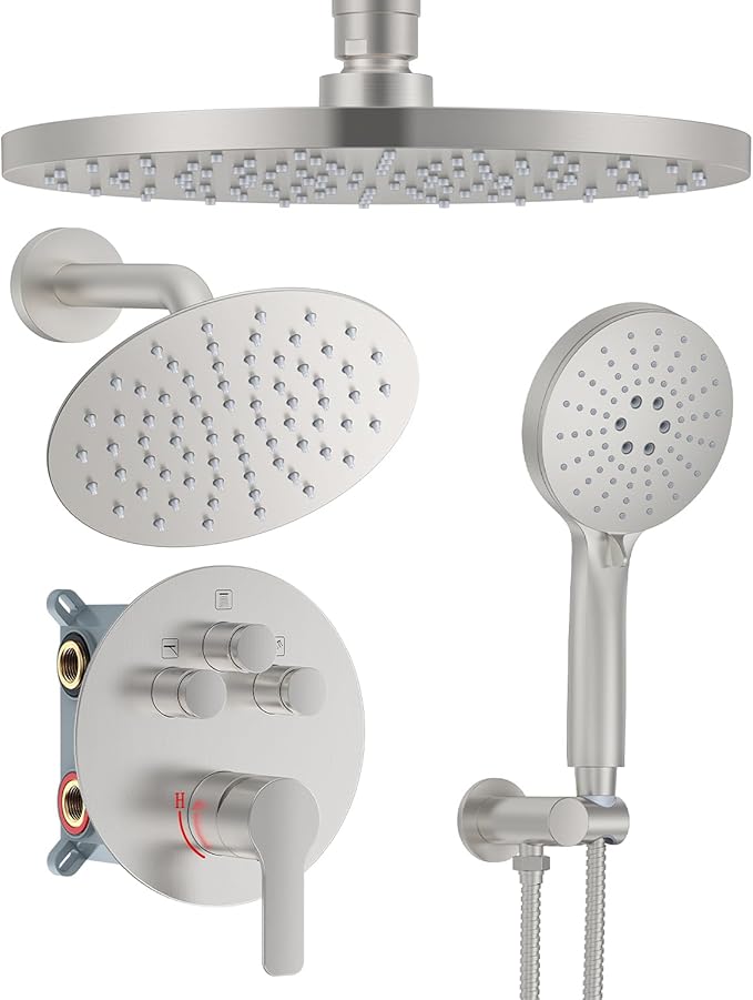 Shower System with Pressure Balance Valve, 10" Ceiling Mount Shower Faucet Set with 2 Rain Head and Multi-function Handheld Push Button Diverter Valve Kit,Brushed Nickel