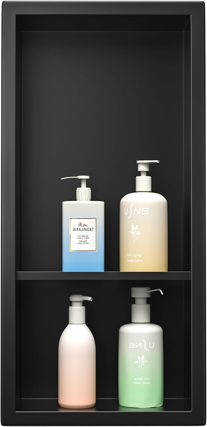 Stainless Steel Shower Niche 8"×18" with Shelf Matte Black No Tiled Needed Niche Shower for Bathroom Wall Recessed Shower Shelf for Bathroom Storage