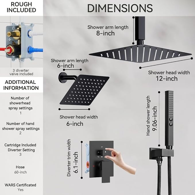 Shower Faucet Set, 12" Rain Shower System with Handheld and Ceiling Mount 6" Rainfall Shower Head, Can Use 2 Modes Together for Two People, 3 Way Shower Valve with 5 Diverter Complete, Matte Black
