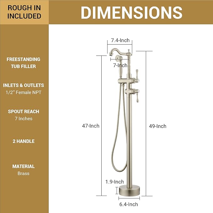 Freestanding Tub Faucet Sets, JetsBath Floor Mount BathTub Filler with 360° Swivel Spout & Handheld Sprayer, Brushed Nickel Floor Mount Bathtub Faucet Single Handle with Supply Hose