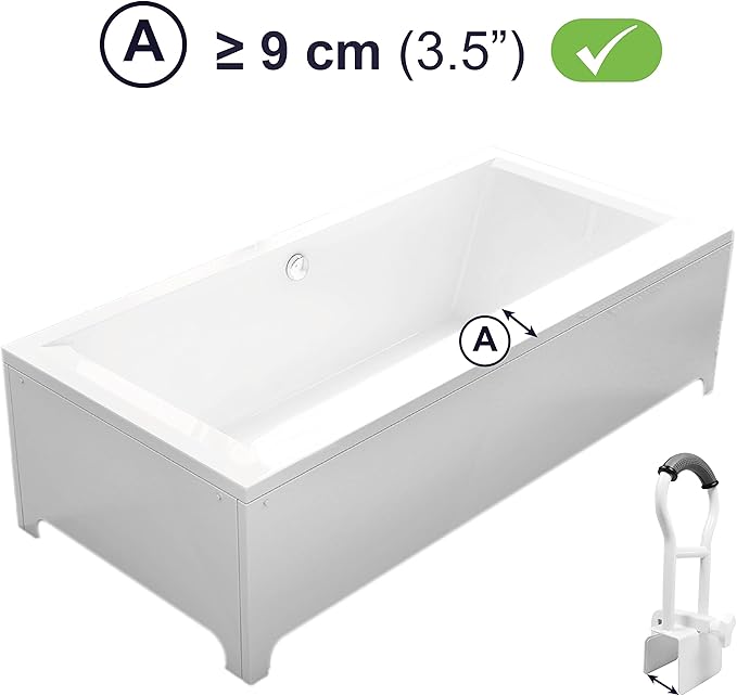 KMINA Bathtub Safety Rail, Padded Non-Slip Grip, Adjustable Grab Bar for Side of Tub, Elderly and Disabled, Fits Over 3.15 Inch Tub Walls, Grey