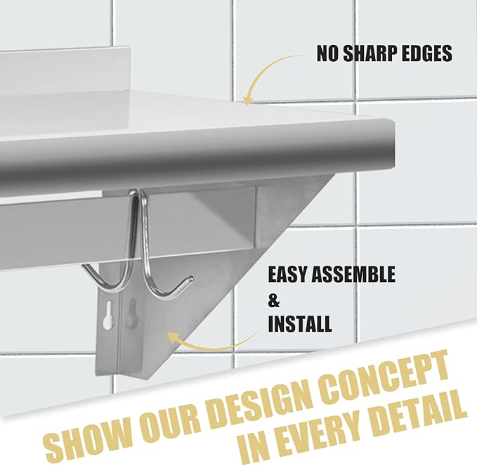 Hally Stainless Steel Shelf with 9 Hooks 12" x 60" Wall Mounted Pot Rack 315lb, NSF Commercial Floating Shelving for Storage Hanging Pots, Pans, cookware in Restaurant, Kitchen, Home and Hotel