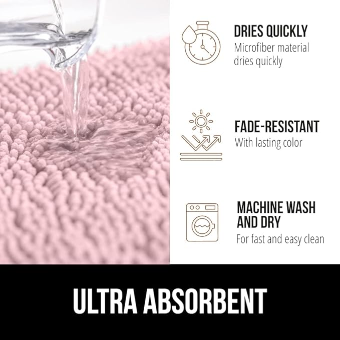 GORILLA GRIP Bath Rug Mat, Soft Absorbent Chenille, Quick Dry Microfiber Mats, Rubber Backing Washable Shower Floor Rugs, Bathmat Runner, US Designed Bathroom Home Decor Accessories 24x17 Light Pink