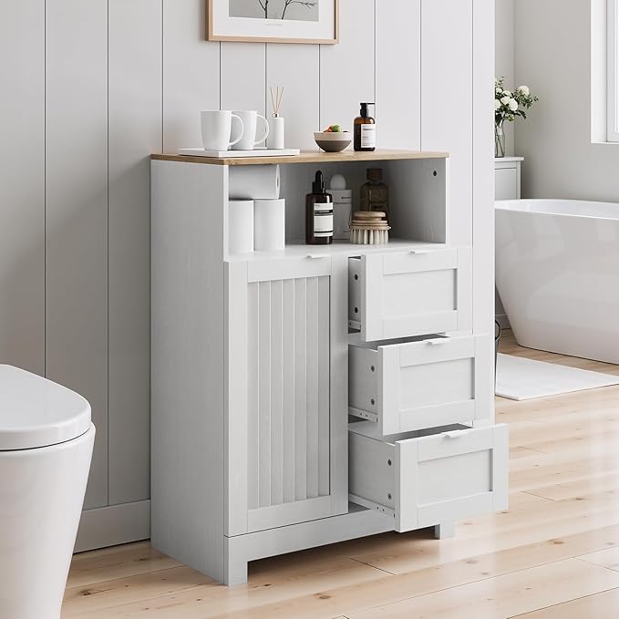Bathroom Storage Cabinet with 3 Drawers, Floor Cabinet with Louvered Door, Freestanding Storage Unit for Bathroom, Kitchen, Living Room, White