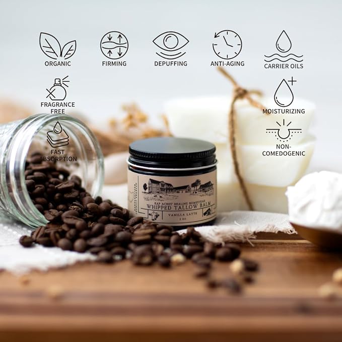 100% Grass-Fed Whipped Tallow Balm & Organic Jojoba Oil infused with Organic Madagascar Vanilla Beans/vanilla coffee: face & body moisturizer for dry, sensitive skin/eczema, (VANILLA LATTE)