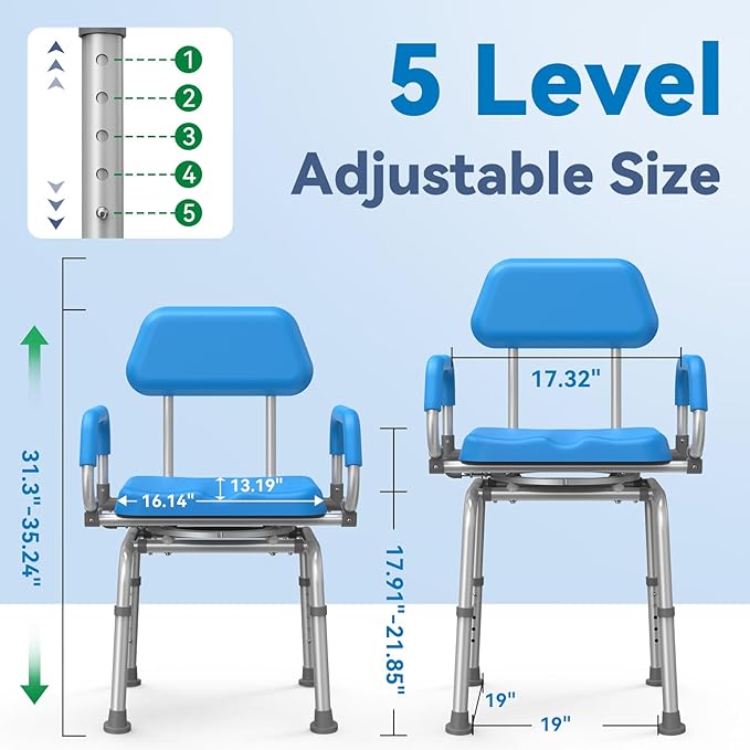 FSA/HSA Eligible Swivel Shower Chair with Arms and Back, Padded Shower Bench with Pivoting Arms, Height Adjustable Shower Chair for Elderly and Disabled, 400 lbs