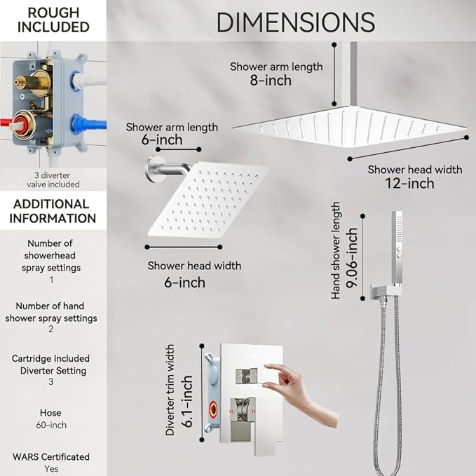 Shower Faucet Set Shower Systems, STARBATH 3 Way Shower Faucet with 2 in 1 Handheld, Ceiling Mount 12+6" Dual Rain Shower Head for Two People (6"+12" Shower Head-2 in 1-Handheld, Chrome)