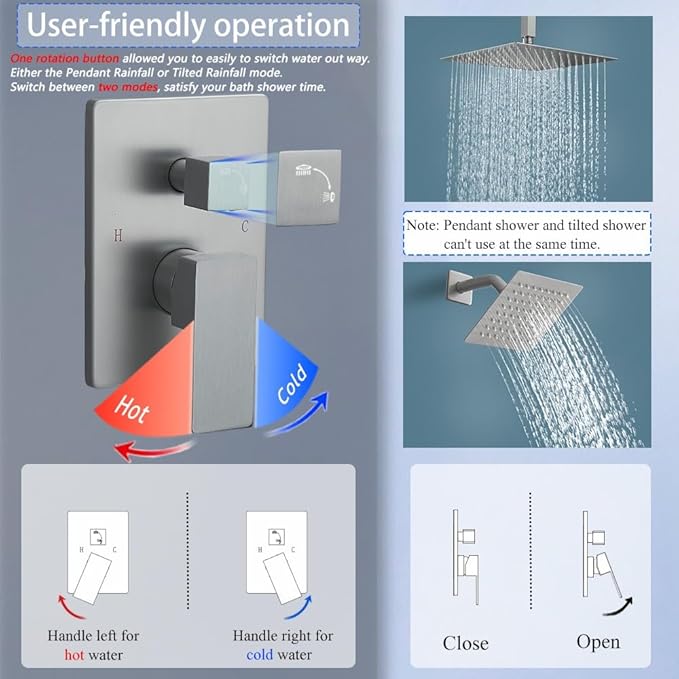Shower Faucet Set Brushed Nickel Shower System, Ceiling Mount 10 Inch Shower Head with 6 Inch Wall Mount Shower Head, Knob Switch Diverter Shower Faucet, Rough-in Valve Body and Trim Included