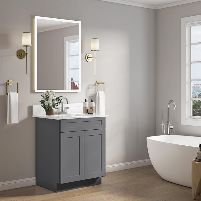 ROOMTEC Bathroom Cabinet, 24'' Free Standing Single Bathroom Vanity with 1 False Drawer and 2 Doors,Morden Bathroom Sink Vanity Storage Cabinet, Shaker Gray