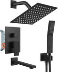 gotonovo Shower System with Tub Spout Wall Mounted Rain Shower Head and Handle Combo Shower Faucet Set with Valve, 8 Inch, Matte Black