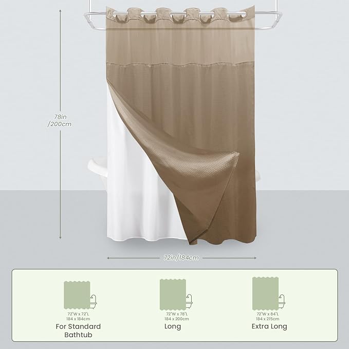 Inhousolu Long No Hook Shower Curtain with Snap in Fabric Liner Set Waffle Weave 230GSM Weighted Hem, Waterproof & Washable Bathroom Curtain Spa Luxury with Mesh Top Window 72" W x 78" L Beige